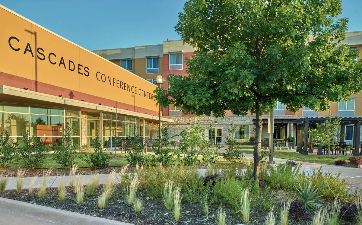 Commercial landscape design for Cascades conference center in the Colony TX